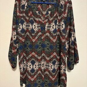 Zac & Rachel Blue and Brown Graphic 3/4 Sleeve Blouse